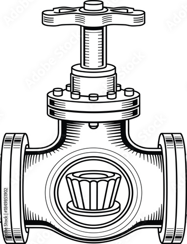 Monochrome vector illustration of an industrial gate valve for pipeline flow control system plumbing and engineering applications on white background