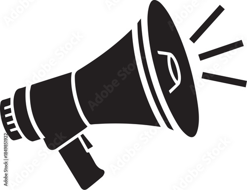 A black and white illustration of a megaphone with a sound wave
