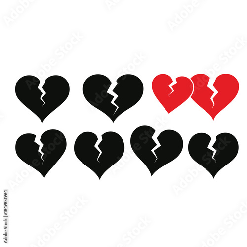 Collection of broken heart symbols in black and red on