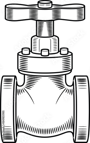 Monochrome vector illustration of an industrial gate valve for pipeline flow control system plumbing and engineering applications on white
