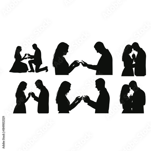 Silhouette of romantic couple in various intimate moments together isolated on