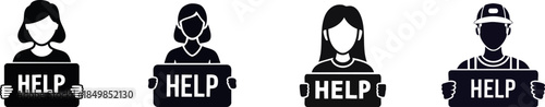 A graphic illustration of four figures holding signs that say "HELP," conveying a message of need or support.