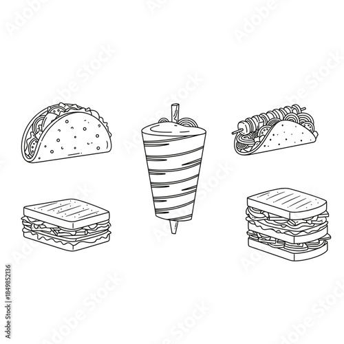 A set of five different types of mexican and american fast food on a