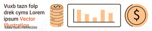 Finance, analytics, investment tracking, budgeting, economics, financial analysis. Coin stack, bar chart and dollar symbol. Finance and analytics concepts for economic growth and tracking