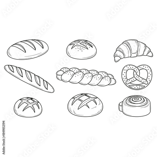 A collection of various types of bread and pastries in a line drawing style