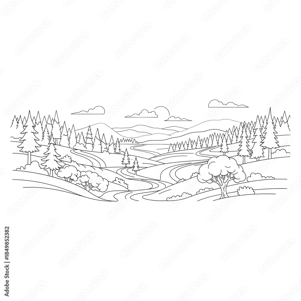 Obraz premium A serene landscape with trees and hills in a simple line drawing style on a