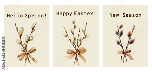 Spring greeting card set with Easter willow bouquets and decorative bows. Vintage floral poster design featuring festive branches, rabbits, and elegant holiday frames.
