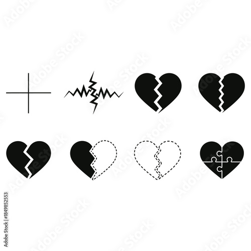 Collection of broken heart icons and symbols on