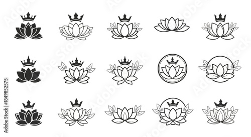 Collection of luxurious lotus flowers and crown symbols for elegant branding designs minimal style
