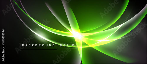 Abstract green light streaks radiate from central point. Dark background creates dramatic visual effect. Modern design element.