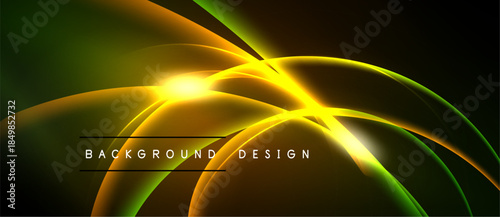 Abstract design features glowing curves, vibrant colors. Bright light radiates from center, creating dynamic visual effect. Dark background enhances luminosity.