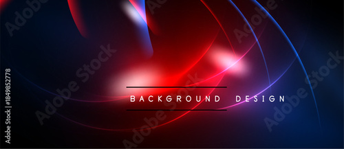 Abstract design features vibrant red, blue curves. Dark background enhances glowing effect, creating dynamic visual impact. Modern aesthetic.