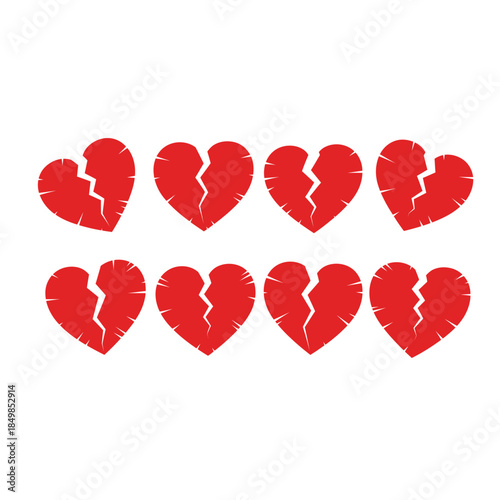 Eight broken red hearts on symbolizing love and heartbreak
