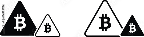 Modern silhouette icons showing Bitcoin B letters centered within hazardous road sign shapes to denote specialized financial investigation, critical market findings, or problematic crypto assets.