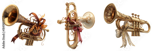 Set of Close-up of a golden trumpet with detailed artistic engravings transparent png background. Ai generated