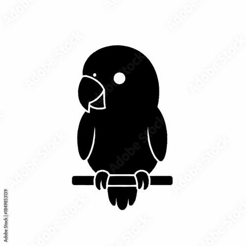 Black silhouette of a parrot perched on a branch, simple vector illustration.