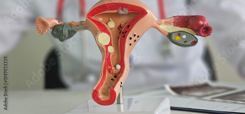 Tableau sur toile Anatomical model of the female reproductive system and ultrasound image