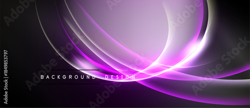 Abstract purple waves, dynamic curves, smooth gradients. Dark background enhances luminosity, creating modern visual impact.