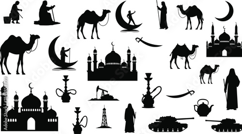 Middle Eastern culture silhouettes, mosque camel sword, oil rig tank, CAD drawing, flat vector illustration, black white lifestyle design