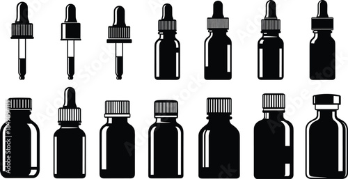 Dropper bottle collection, packaging design, screw cap styles, CAD drawing, flat vector illustration, black white cosmetic concept