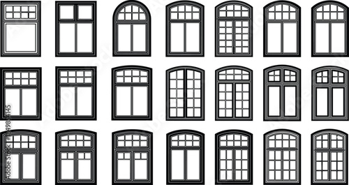 Window design collection, architectural styles, pane layout, frame detail, CAD drawing, flat vector illustration, black white construction concept