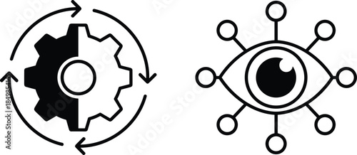 Minimalist black and white vector icons depicting a mechanical gear surrounded by circular arrows alongside an eye symbol integrated into a network of nodes.