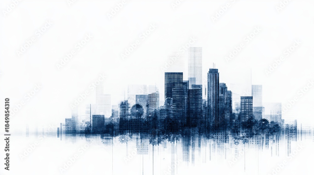 Fototapeta premium Modern Urban Landscape with Abstract Blue and White Cityscape Illustration
