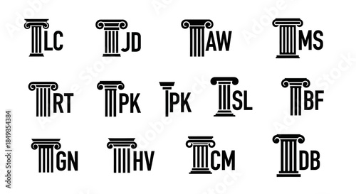 Monogram design elements with ionic column silhouettes for brand identity projects