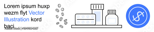 Healthcare costs, pharmacy services, medication, medical expenses, drugs management, prescriptions. Pills, bottles and financial symbol. Pharmacy services and healthcare costs concept