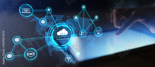 Cloud Networking and Digital Connectivity Infrastructure Illustrated on Wide Banner.