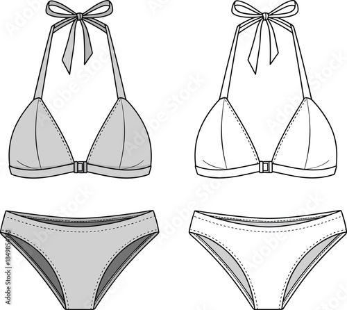 Bikini fashion sketch, halter top, swimwear design, CAD drawing, flat vector illustration, black white style, garment technical details