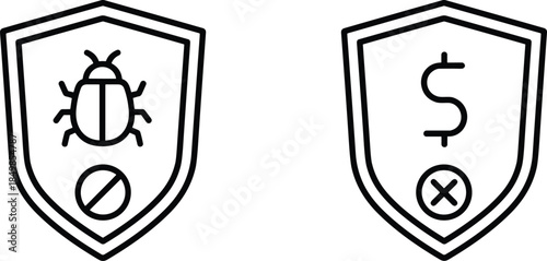 Graphic outline symbols depicting a shielded insect for malware prevention alongside a shielded dollar sign to represent secure banking and economic fraud protection concepts.