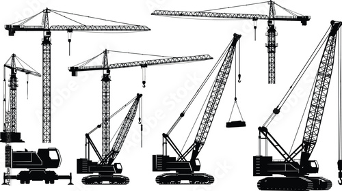 Construction crane silhouettes, tower crawler types, lifting load, CAD drawing, flat vector illustration, black white heavy equipment design