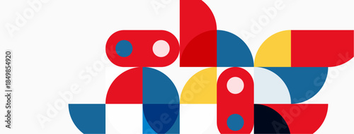 Abstract geometric shapes overlap. Red, blue, yellow hues dominate composition. Minimalist design, clean lines present modern aesthetic.