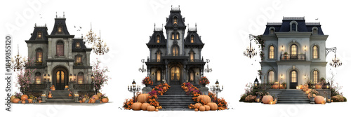Set of Gothic Victorian haunted mansion with ornate carvings and glowing lights transparent png background. Ai generated