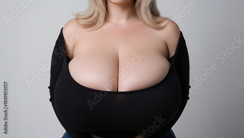 A close-up, chest-up shot of a woman with pale skin, light blonde hair, and an ample bosom. She is wearing a black off-the-shoulder top that emphasizes her large breasts.