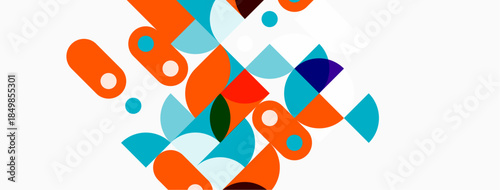 Abstract geometric shapes overlap, creating vibrant composition. Orange, teal, green hues dominate white background. Modern design.