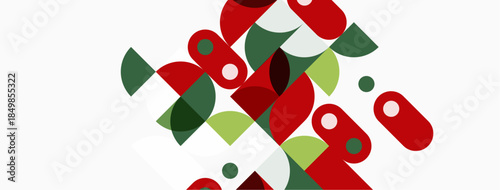 Abstract geometric shapes overlap. Red, green hues dominate composition. Minimalist design, modern aesthetic. Clean lines, simple forms present.