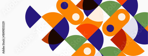 Abstract geometric shapes overlap. Orange, purple, green hues dominate composition. Minimalist design, clean lines present modern aesthetic.