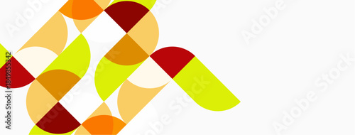 Abstract geometric shapes overlap, creating vibrant color blocks. Warm tones dominate composition, with negative space present.