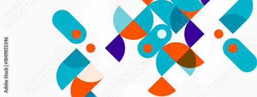 Abstract geometric shapes overlap, creating vibrant composition. Turquoise, orange, purple dominate neutral background. Modern design elements present.
