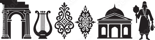 Collection of silhouette icons representing history and culture