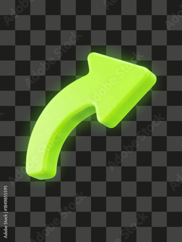 3D glossy neon green curved arrow icon, bright luminous UI element pointer symbol, modern direction indicator graphic, upward trajectory concept