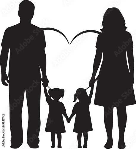 Silhouette of a loving family with two daughters holding hands
