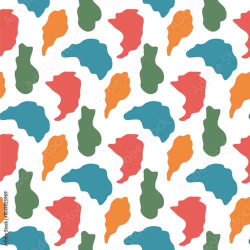 Organic blob seamless pattern. Irregular freeform liquid blobs background. Abstract amoeba spots. Camouflage animal print. Simple mini splashes. Vector seamless red, blue, orange bg illustration.