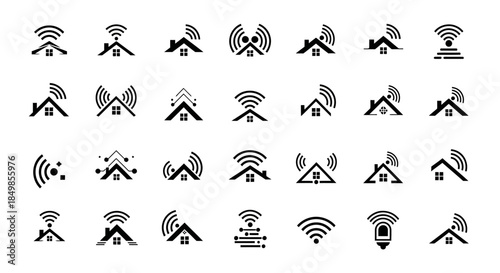 Collection of interconnected home and wireless signal logos for modern living concepts