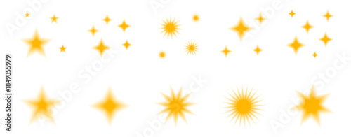 Gradient blur y2k yellow stars. Blinks with aura gold figures set. Y2k aesthetic sparkling bling translucent gradation effects. Vector abstract starry shaped set isolated on transparent background.