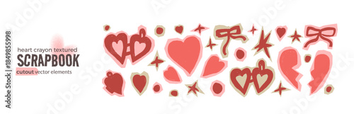 Heart paper cutout collage with texture and crayon elements for love scrapbook. Torn sticker and a cut icon locket shape. Perfect for valentine, bachelorette or craft projects with a hand-drawn feel.