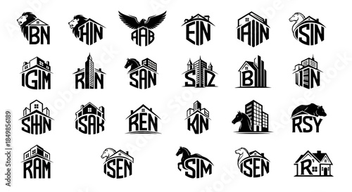 Diverse collection of abstract vector logos blending architectural and animalistic elements