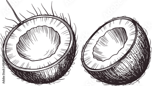 Black and white detailed botanical of split coconut shell interior